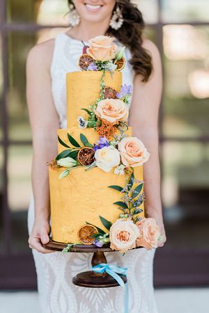 MAIN IMAGE - Yellow Floral Wedding Cake - Fruit Real Flowers